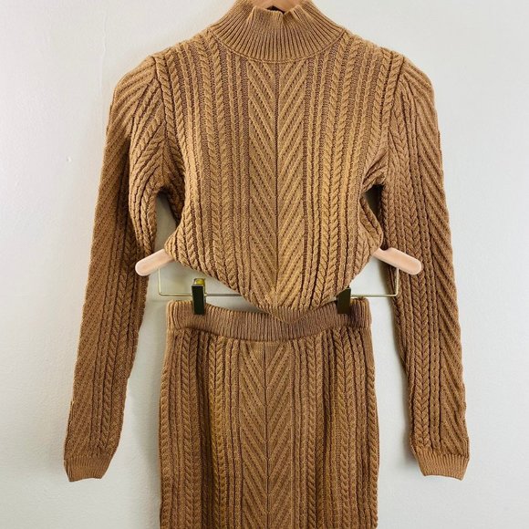 2 Piece Tan Knitwear Crew Neck Sweater Skirt Set - Picture 9 of 11